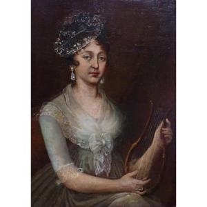 Large Portrait Of A Woman At The Lyre Period I Empire Oil / Canvas From The XIXth Century