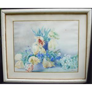 Cécile Martha Rives Painting Bouquet Of Watercolor Flowers Dated 1905