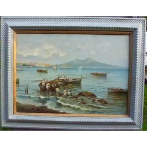 Landscape Painting View Of Naples Vesuvius Oil/canvas From The Early 20th Century Signed