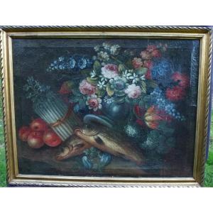 Painting Still Life With Fish Italian School Oil/canvas 17th Century