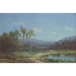 Lenglet Pondside Landscape Painting Oil/canvas From The End Of The 19th Century