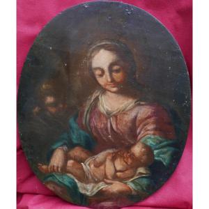Religious Painting Virgin And Child Oil/panel Late 18th Century