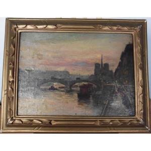 Painting Landscape Paris The Seine Steamboat Oil/canvas 19th Century Signed