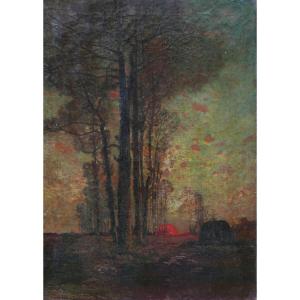 Forest Landscape Painting Twilight Oil/canvas 19th Century