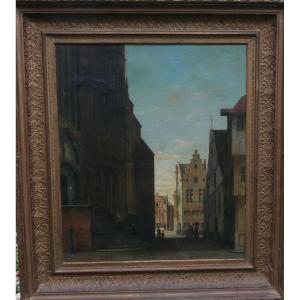 Animated Landscape Church Louvain Oil/canvas 19th Century Signed