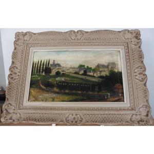 Painting Landscape Steam Train Bourgueil Oil/canvas 19th Century Signed Jolly