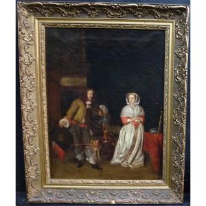 Genre Scene Return From The Hunt After Metsu Oil/canvas 19th Century