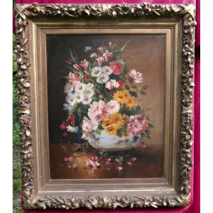 Still Life With Bouquet Of Flowers Oil/canvas Painting From The 19th Century