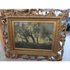 Forest Landscape Sculpted Frame Acanthus Leaves Oil/panel 19th Century