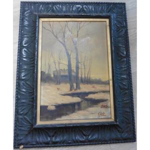 Snowy Countryside Landscape Signed Rossi Oil/panel From The 19th Century