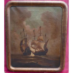 Marine Painting Battle Scene Oil/canvas From The 19th Century