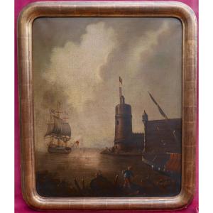 19th Century Oil/canvas Marine Port Scene Painting