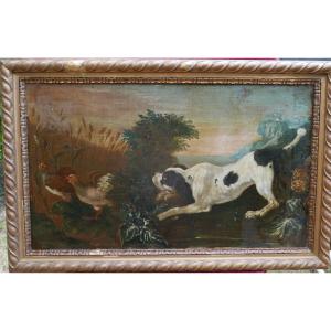 Large Painting Hunting Scene Pointing Dog Oil/canvas 19th Century