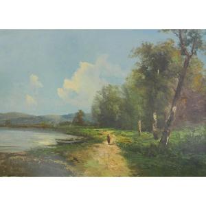 Godchaux Large Landscape Lake Oil/canvas 19th Century Signed