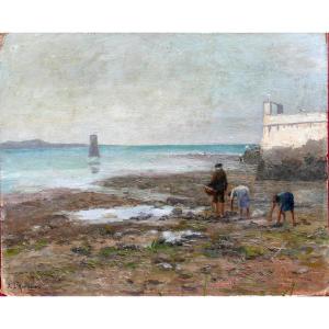 Jacques l'Huillier Landscape Seaside Oil/panel 19th Century Signed