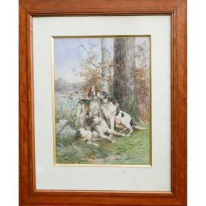 René Valette Large Portrait Hunting Dogs Watercolor Late 19th Century