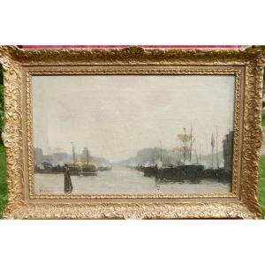 Dirk Wiggers Large Marine Port View Oil/canvas 20th Century Signed