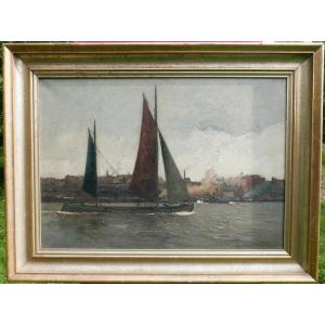 Very Large Marine Sailing Ship Oil/canvas Early 20th Century Signed