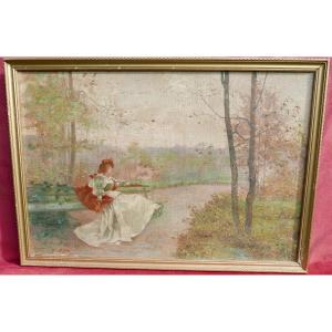 Genre Scene Painting Horsewoman In The Park Oil/canvas Late 19th Century Signed