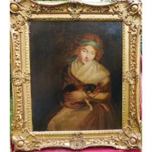 Large Portrait Of A Young Woman With A Cat Oil/canvas Late 18th Century