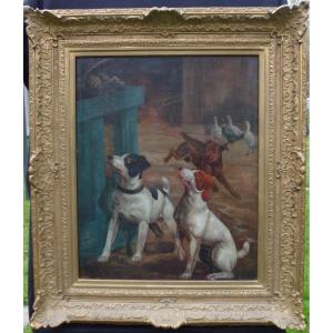 Large Genre Scene Dogs In The Courtyard Oil/canvas From The 18th Century