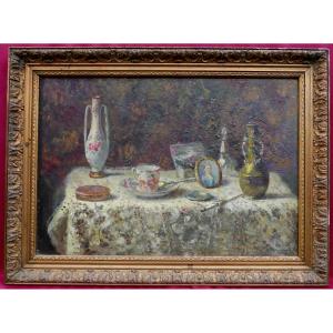 Still Life Table Setting Painting, Oil On Panel, Early 20th Century, Signed
