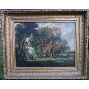 Genre Scene Painting: Hunt, Oil On Canvas, 19th Century