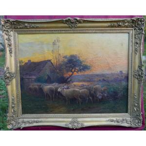 A. Derians, Landscape Painting, Shepherd And His Sheep, Oil On Canvas, Late 19th Century