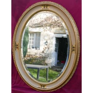 Large Oval Beveled Carved Wooden Mirror From The 20th Century