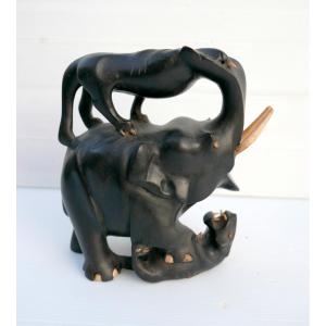 Sri Lanka Sculpture Elephant And Tigers 20th Century Wood