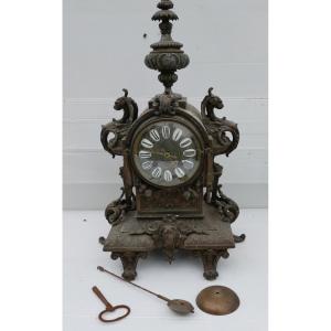 Louis XIV Style Spelter Clock, Late 19th Century, With Porcelain Cartouches