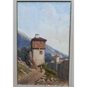 Watercolor Of A Lively Mountain Village, French School, Late 19th Century