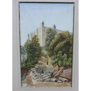 Watercolor Landscape Of A Fortified Castle In A Wooded Area, French School, Late 19th Century