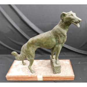 Louis Carvin Large Regule Greyhound On Marble Green Patina Art Deco 20th Century