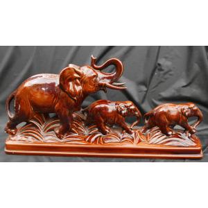 Ceramic Elephant And Baby Elephants, Art Deco, 20th Century