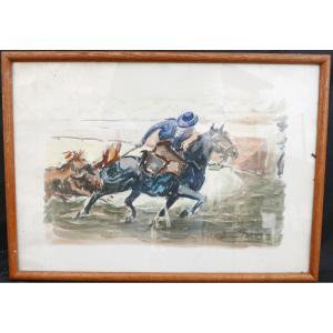 Torres Watercolor Bullfighting On Horseback Rejoneo Late 20th Century Signed