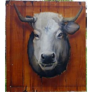 Stéphane Mouiller, Painting, Portrait Of A Cow, Oil On Panel, 20th Century
