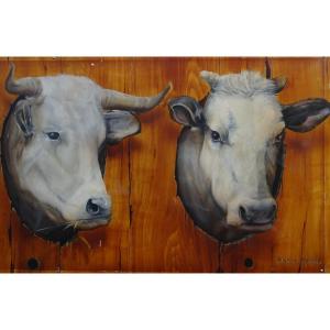 Stéphane Mouiller, Painting, Portrait Of Cows, Oil On Panel, 20th Century
