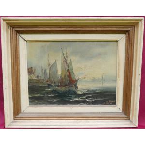 Dew Marine, View Of The Port With Sailing Ships, Le Havre, Oil On Canvas, 20th Century