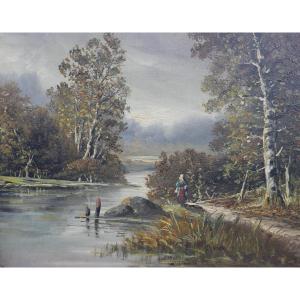 Landscape Painting Of A Riverbank, Oil On Canvas, Early 20th Century