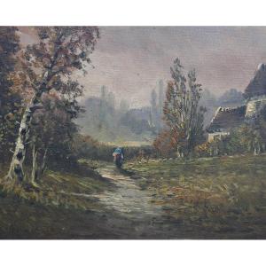 Landscape Painting Of A Tree-lined Country Lane, Oil On Canvas, Early 20th Century