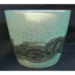 Vintage Glass And Glass Paste Vase Signed Mona