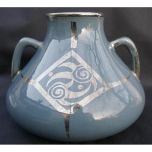 Blue Art Deco Earthenware Vase, 1930s