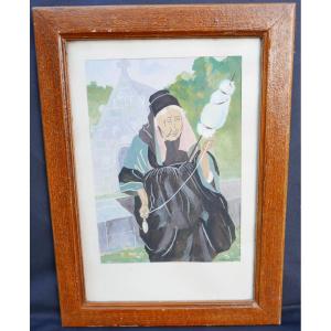 Portrait Of A Breton Woman Spinning, Gouache Under Glass, Signed A. Auvity, 1941