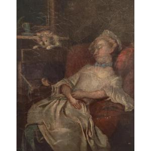 Portrait Of A Young Woman With A Cat, After Colson, Oil On Canvas, 18th Century