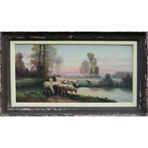 Pastoral Landscape Painting Signed Jean Bain Oil On Canvas Early 20th Century