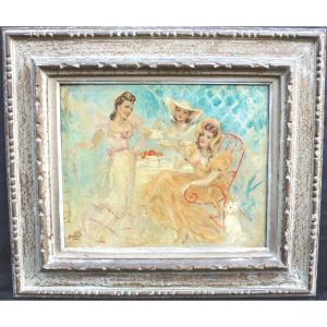 Claude Marcy, Genre Scene: Women In A Tea Room, Oil On Canvas, 20th Century