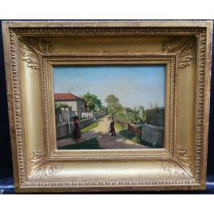 Painting Signed Chomel, Lively Landscape, Oil On Panel, Late 19th Century