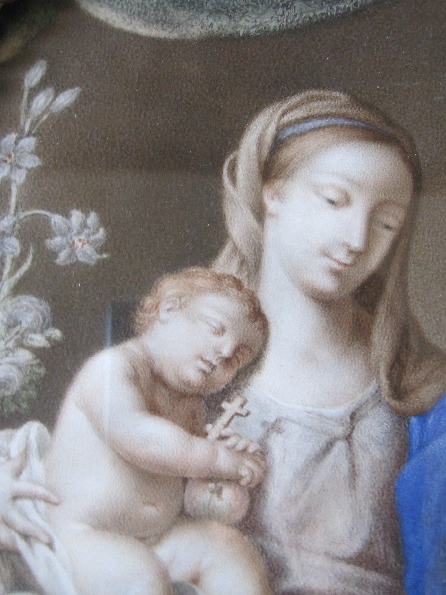 Coppia di dipinti su pergmena, San GIuseppe e Maria con Gesù. Italia, XVIII secolo-photo-3