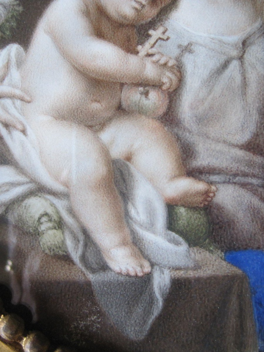 Coppia di dipinti su pergmena, San GIuseppe e Maria con Gesù. Italia, XVIII secolo-photo-4